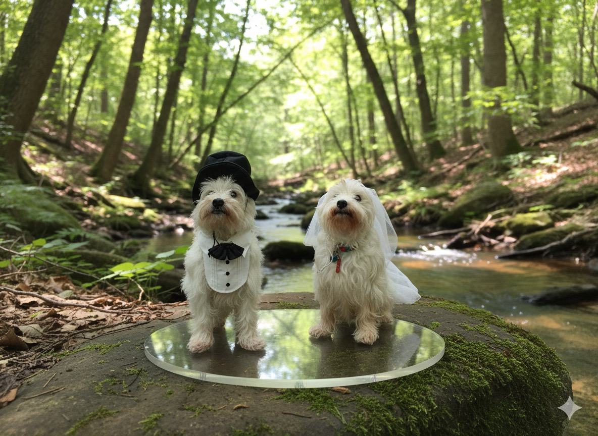 Scout and Daisy westhighland white terrier figurines posed in an outdoor setting wearing wedding costumes